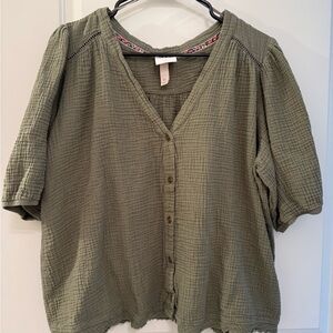 Olive Green Button-Up Women's Top